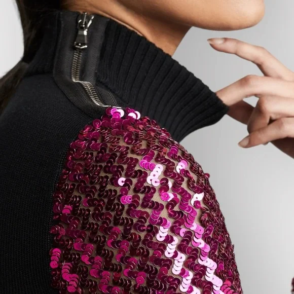 Nwt MOSCHINO Couture Black Sweater Mock Neck Dress Sequin Sleeves - Picture 5 of 11